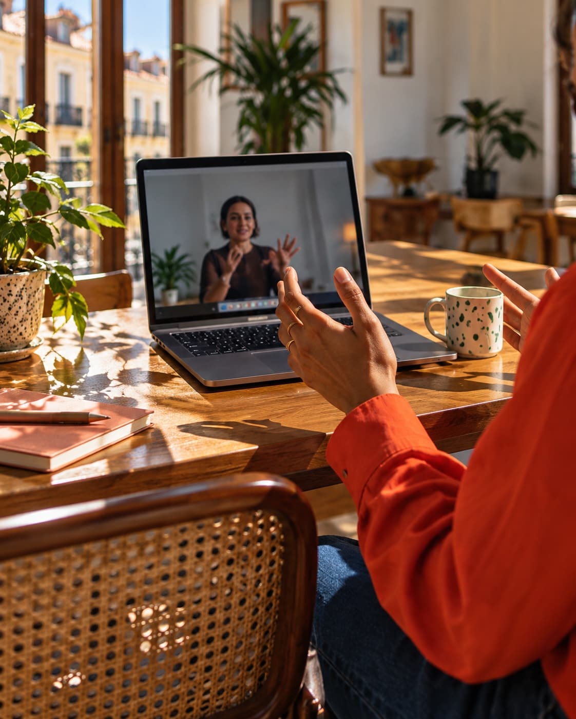 A person on a video call with an expert, at a sunny table.