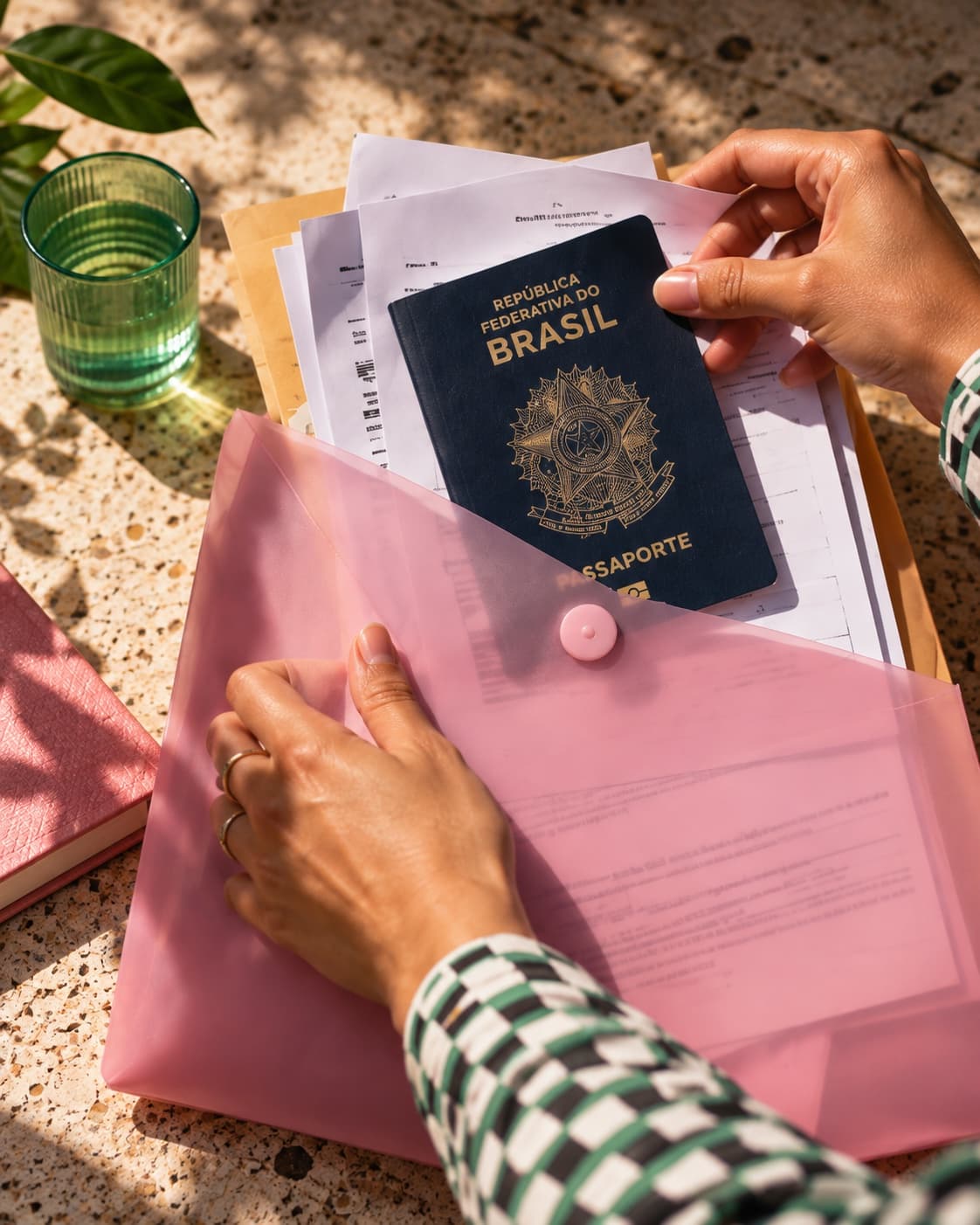Hands sliding a passport and paperwork into a pink folder.