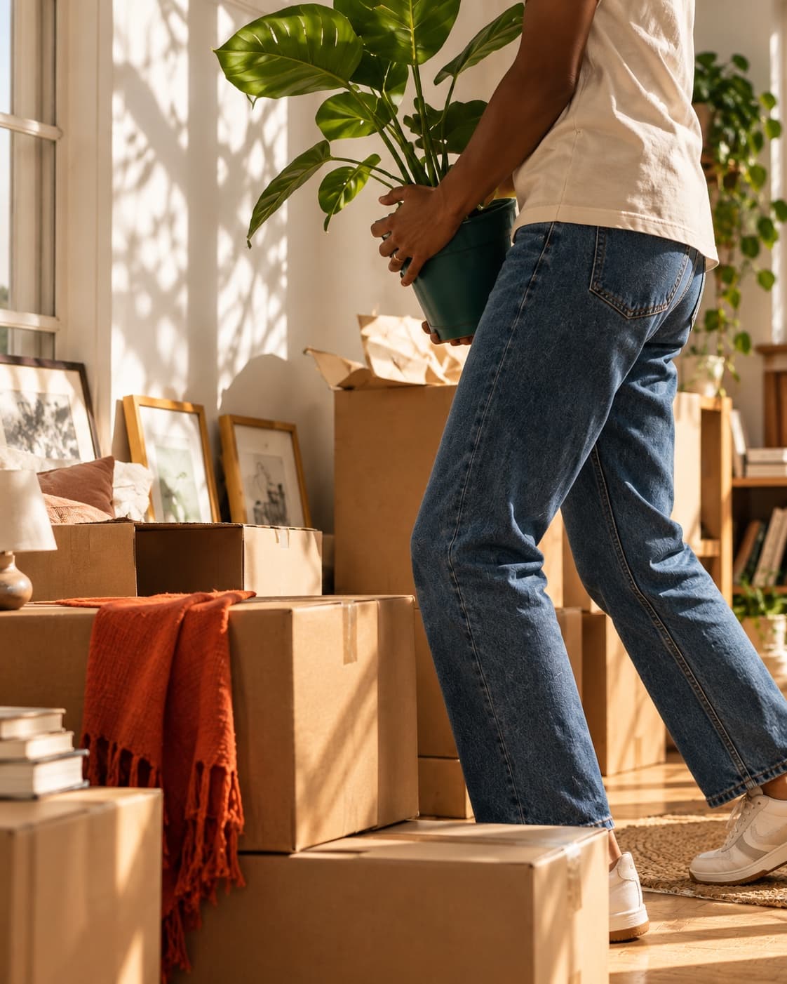 Someone carrying a plant into a new flat full of boxes.