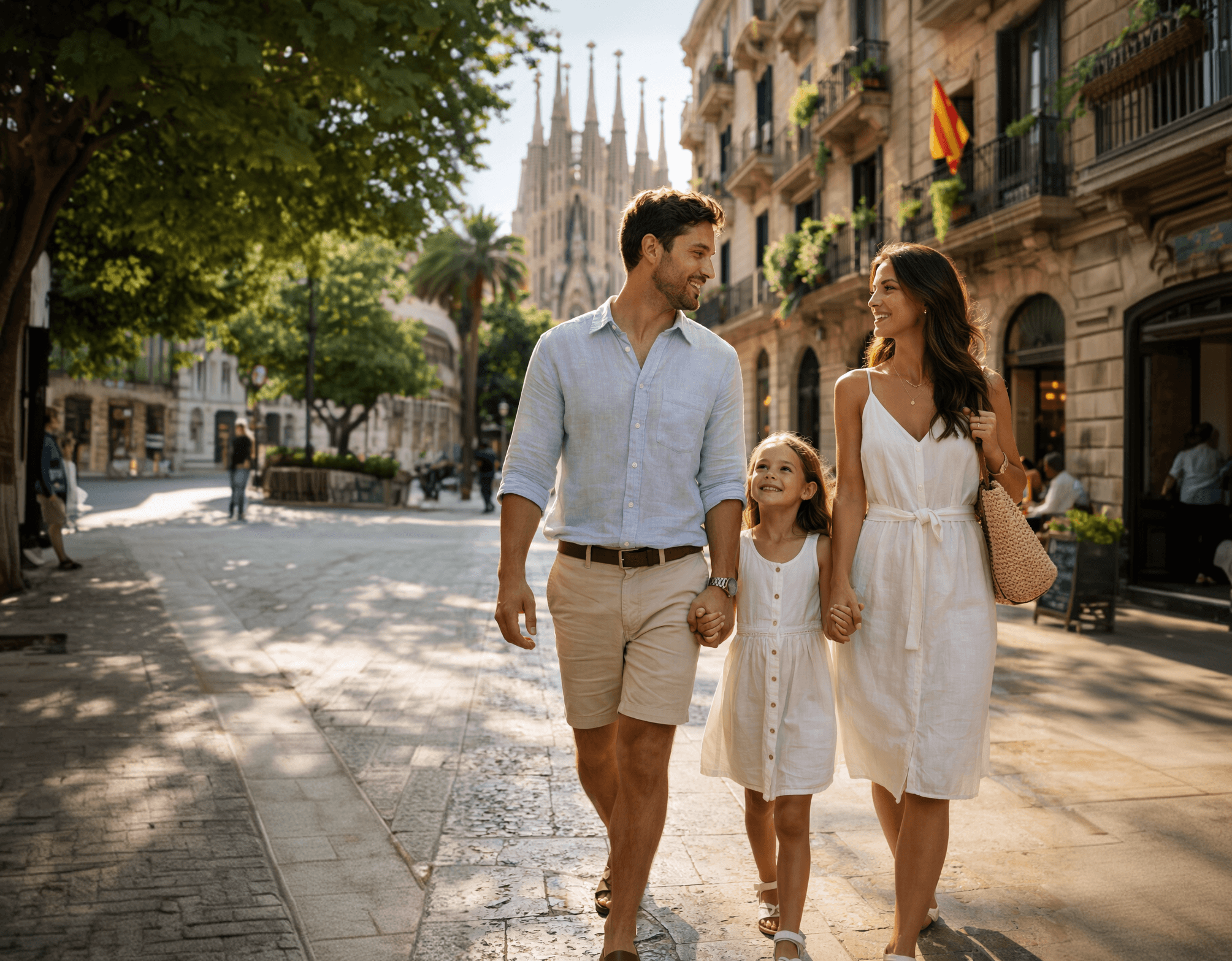A family walking through a sunny street in Spain