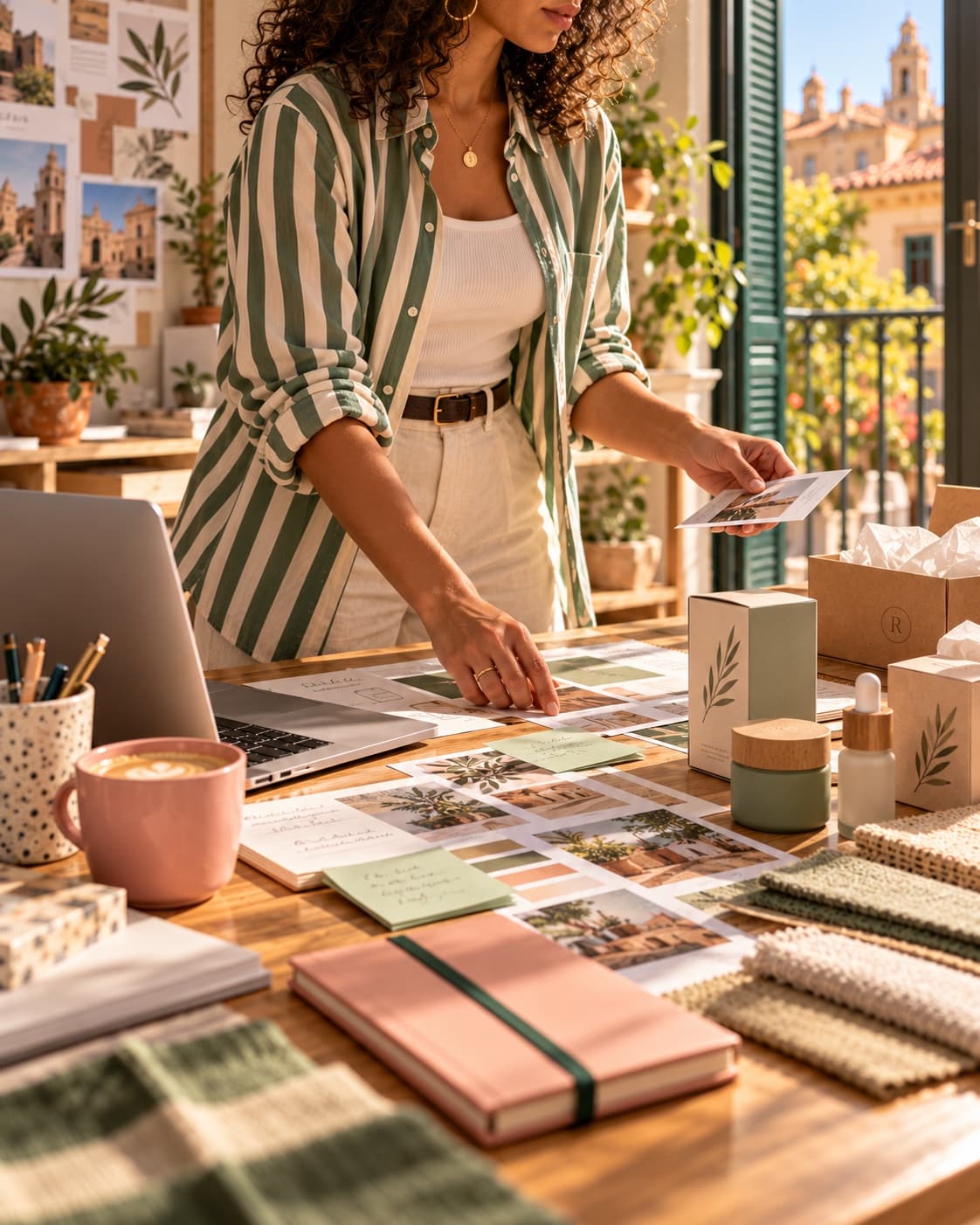 A woman laying out product samples on her shop counter.