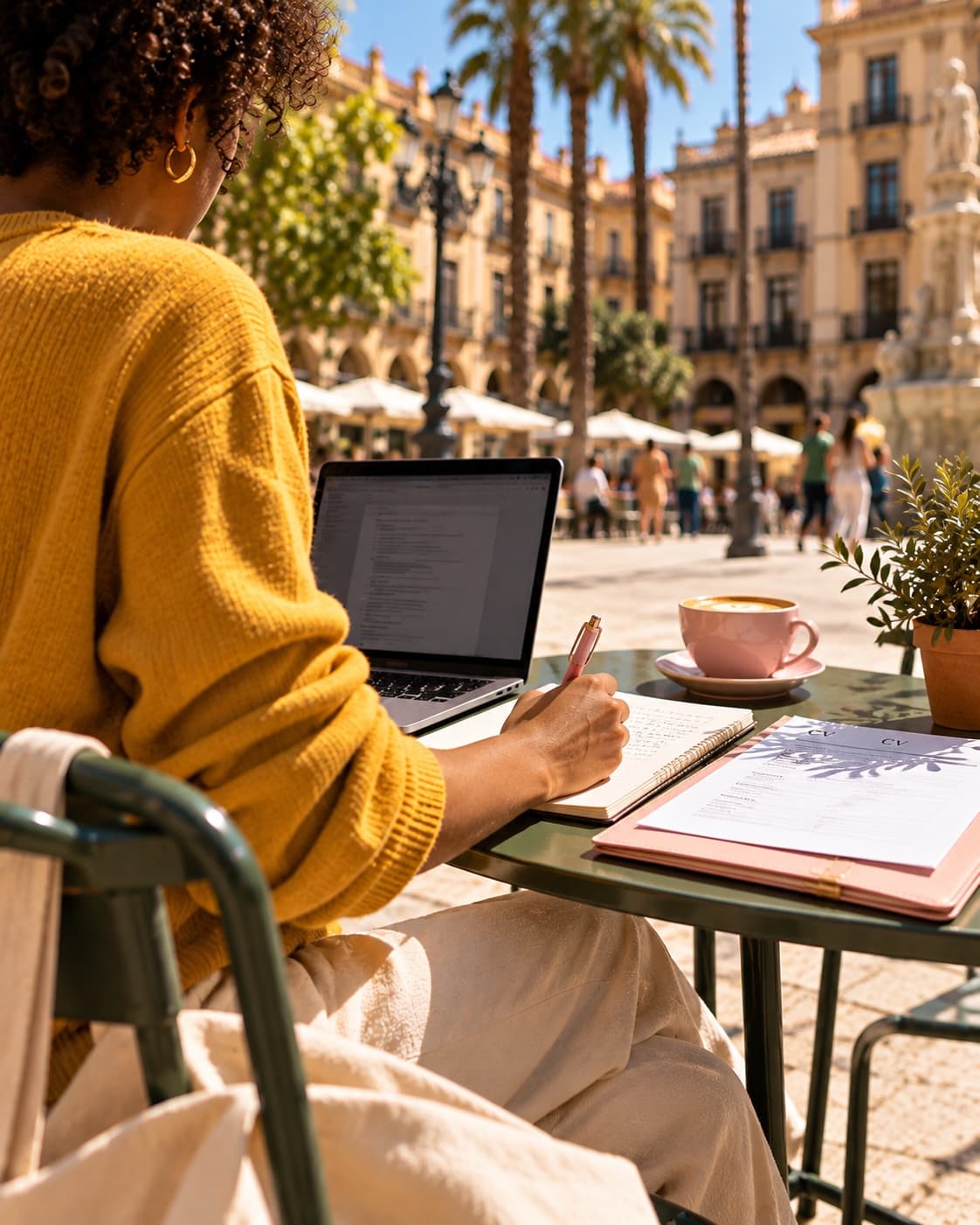 A woman working on her laptop at a café table in a sunny square.
