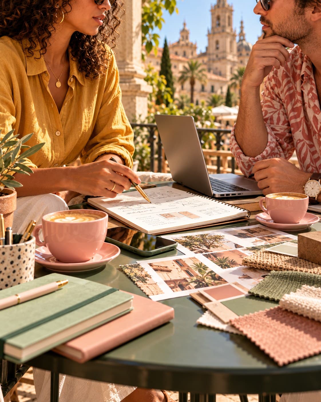 Two people planning at a café table covered with notebooks and fabric samples.