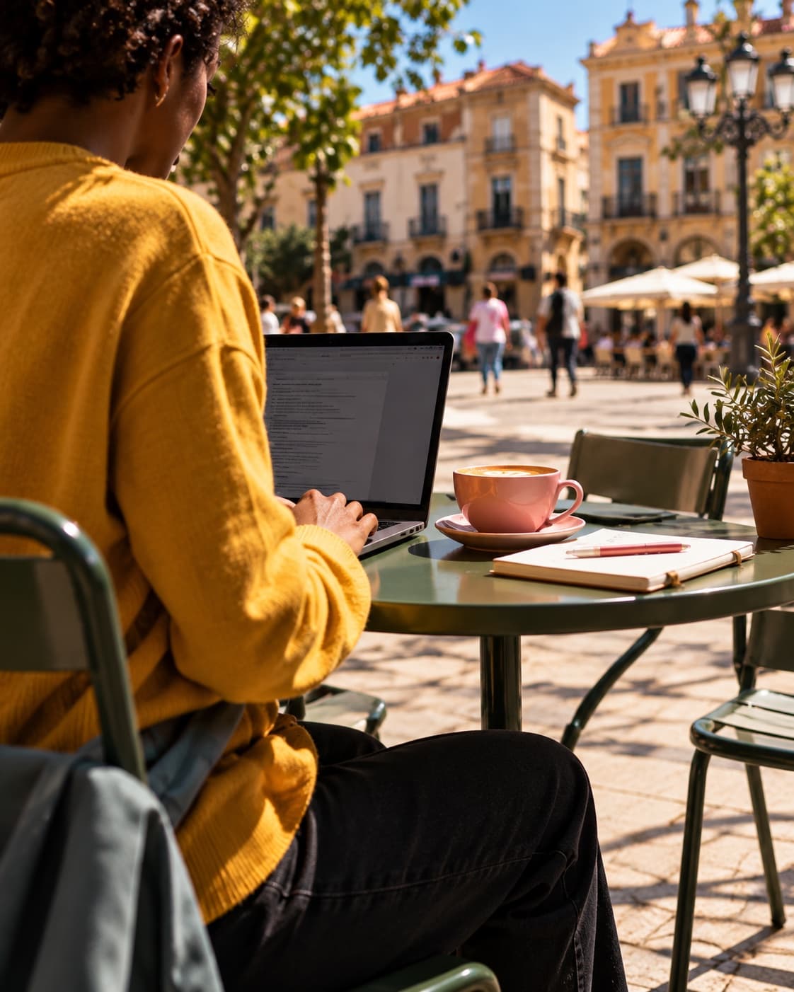 Someone working on a laptop at a café table on a sunny square in Spain.
