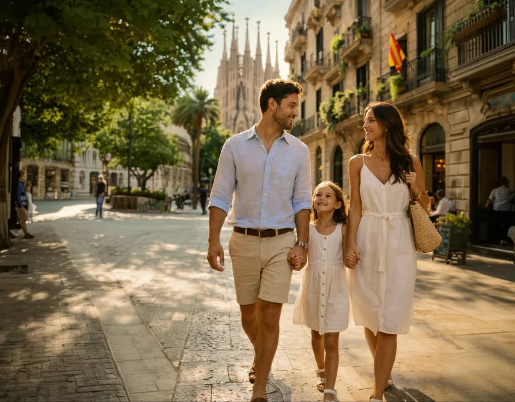 A family walking through a sunny street in Spain